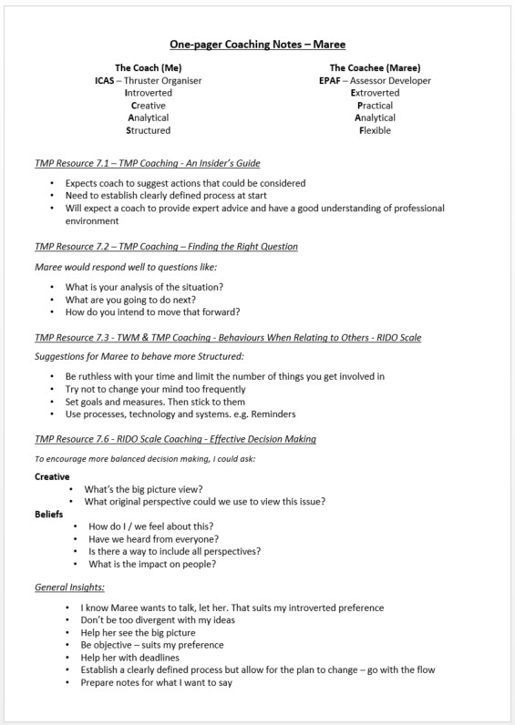 One Page Coaching Notes - Maree